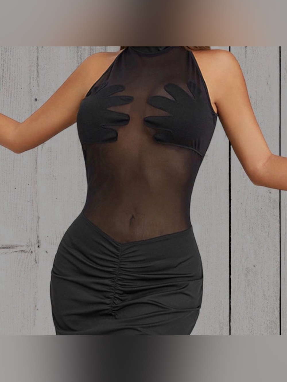 BLACK MESH MINI DRESS WITH HANDS COVERING BREASTS SMALL STRETCH W PASTIES
